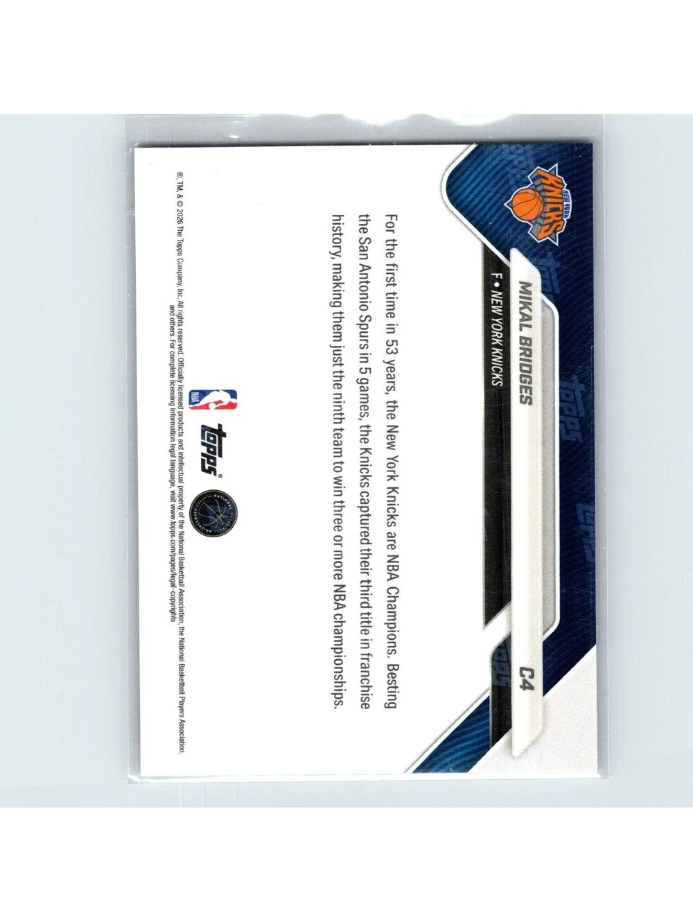 2025-26 Topps Now NBA Mikal Bridges #C4 New York Knicks Champions